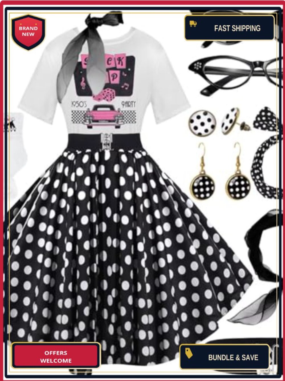 1950s Poodle Skirt Costume Set 10 Pc Polyester Sock Hop Outfit